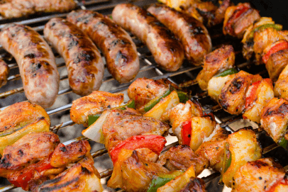 bbq with burgers and chicken skewers 